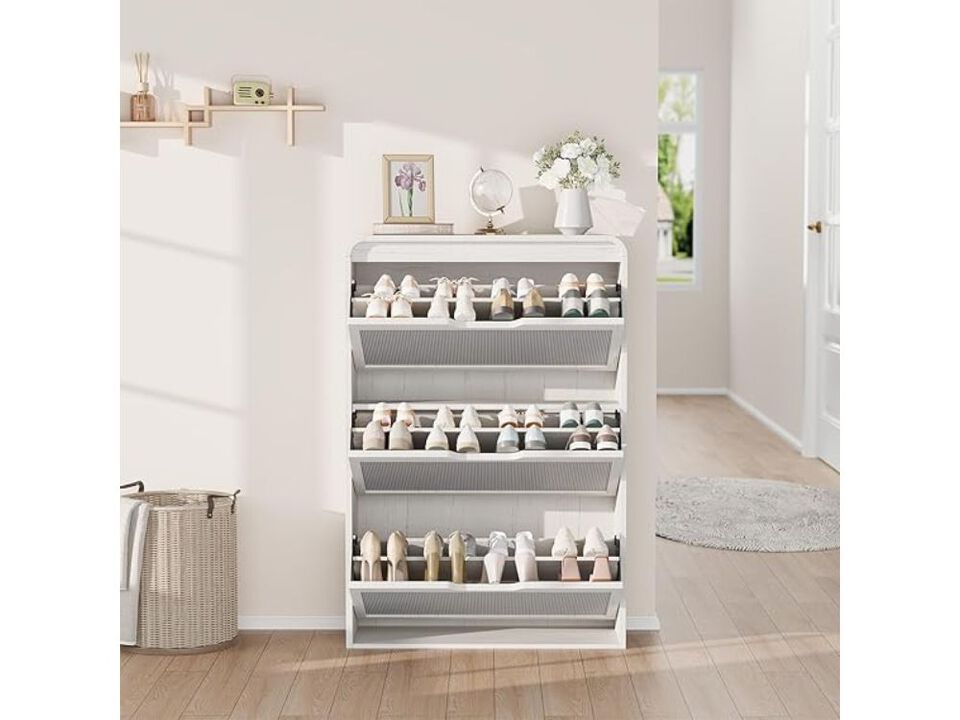 Slim Entryway Shoe Storage Cabinet Flip Drawer White Rattan