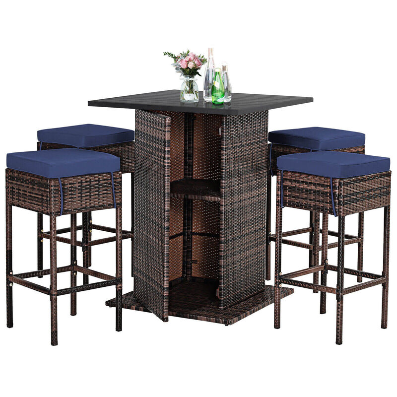 5 Pieces Patio Rattan Bar Table Stool Set Hidden Storage Shelf Cushioned