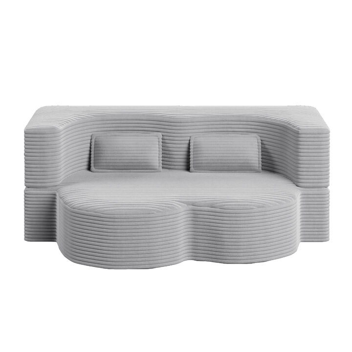 Modern Floor Sofa with 2 Pillows,Convertible Plush Corduroy Foam-Filled Sleeper Sofa
