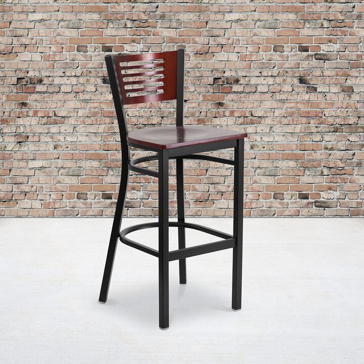 Flash Furniture HERCULES Series Black Slat Back Metal Restaurant Barstool - Mahogany Wood Back & Seat