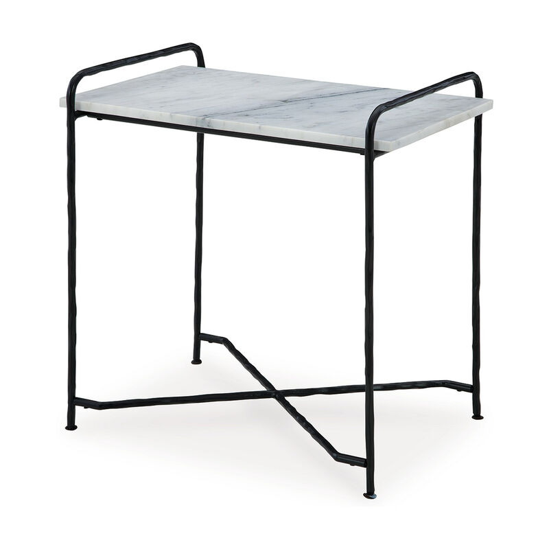 Accent Table, 22 Inch White Marble Top, Industrial Black Metal Legs