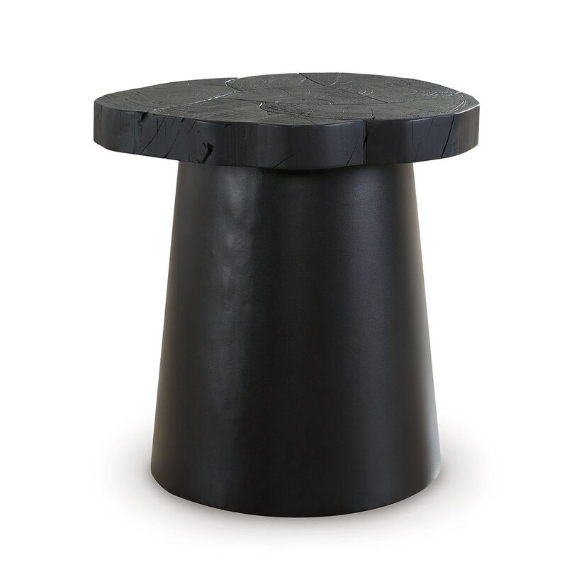 Wim Side End Table, Live Edge Black Acacia Wood, Metal, Round 23 Inch