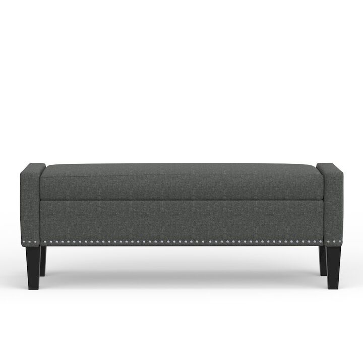 Rize Home 51.25 Storage Bench with Truncated Arms + Nailhead Trim - Dark Gray