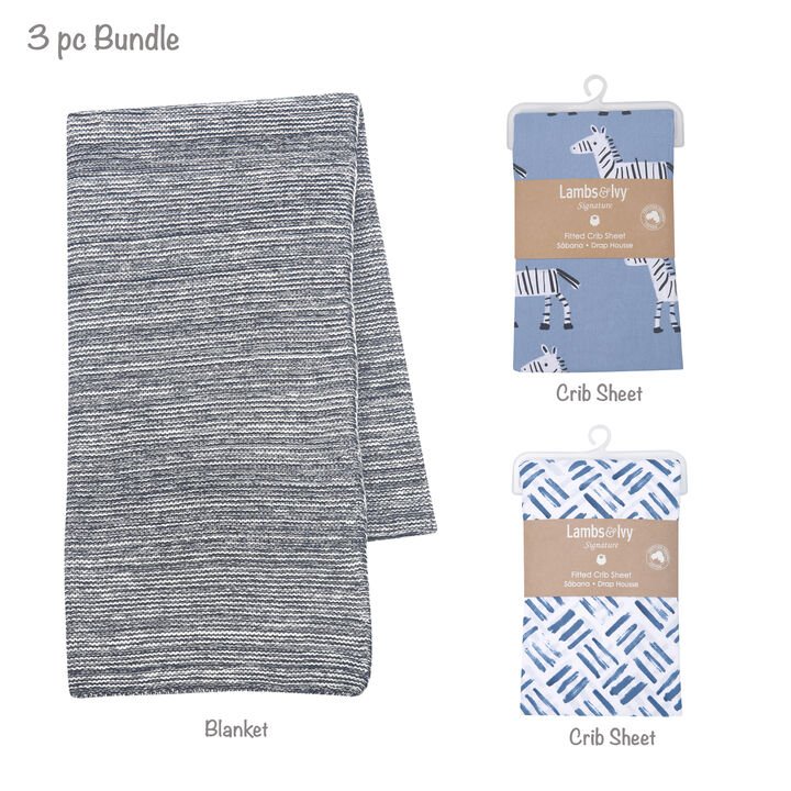 Lambs & Ivy 3-Piece Navy Blue Zebra/Crosshatch Organic Crib Bedding Set Bundle