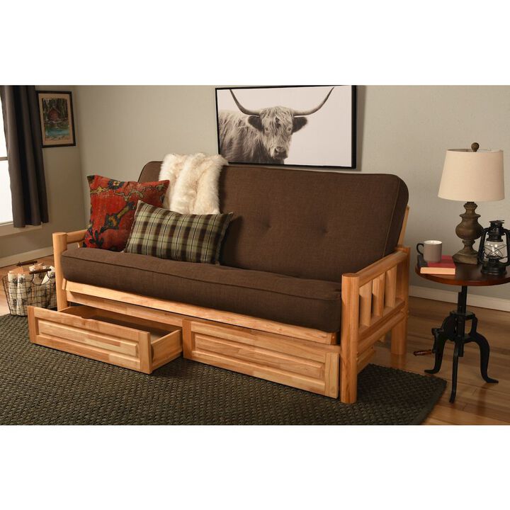 Lodge Frame-Natural Finish-Linen Cocoa Mattress-Storage Drawers