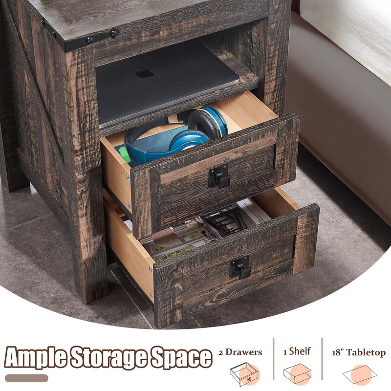 Farmhouse Nightstand with Charging Station, 2 Drawers & Open Storage image number 5