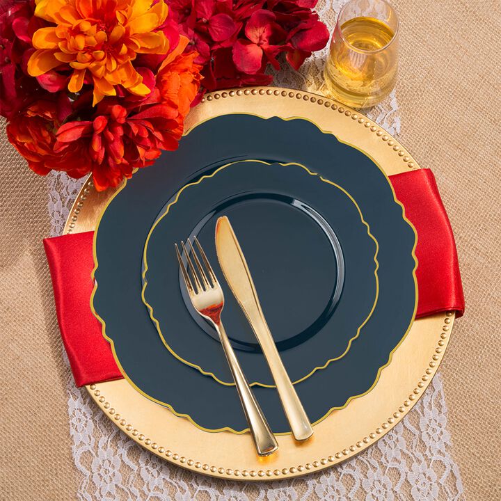 Navy with Gold Rim Round Blossom Plastic Wedding Value Set (30 Sets)