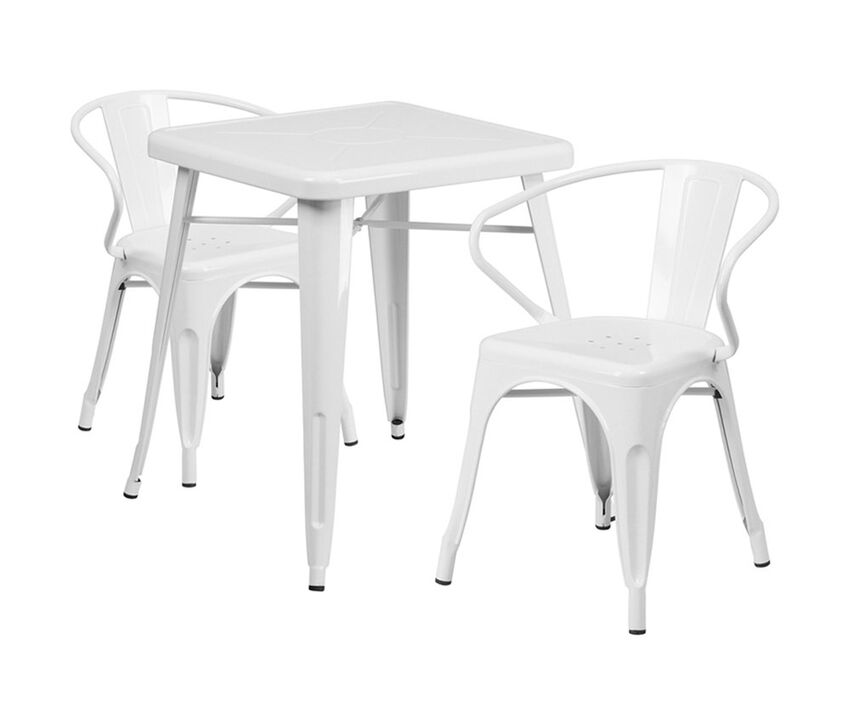 Flash Furniture Commercial Grade 23.75" Square White Metal Indoor-Outdoor Table Set with 2 Arm Chairs