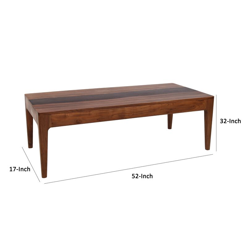 52 Inch Modern Coffee Table, Acacia Wood with Classic Block Legs, Brown-Benzara