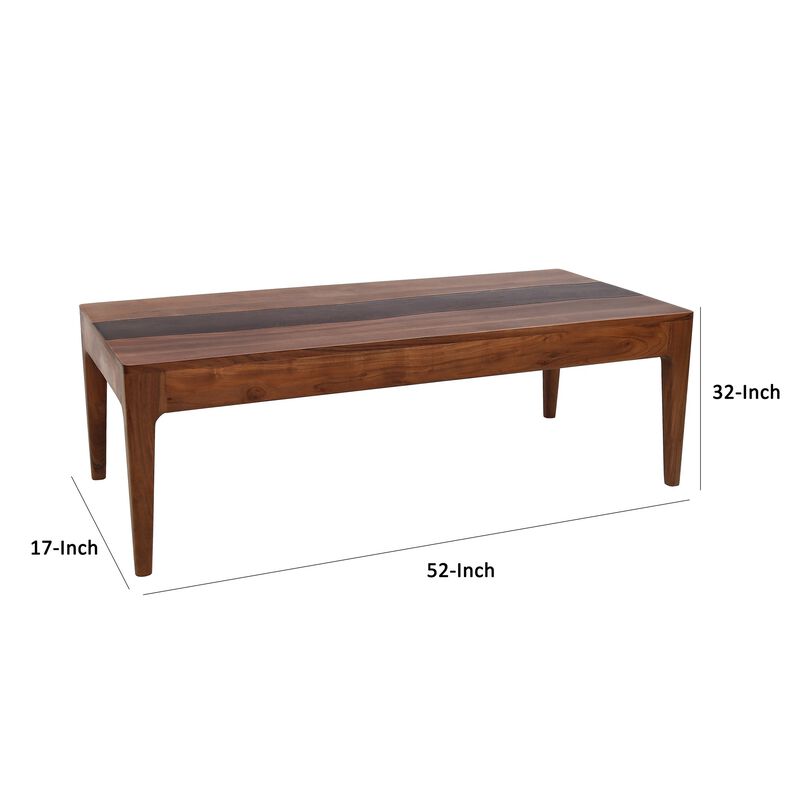 52 Inch Modern Coffee Table, Acacia Wood with Classic Block Legs, Brown
