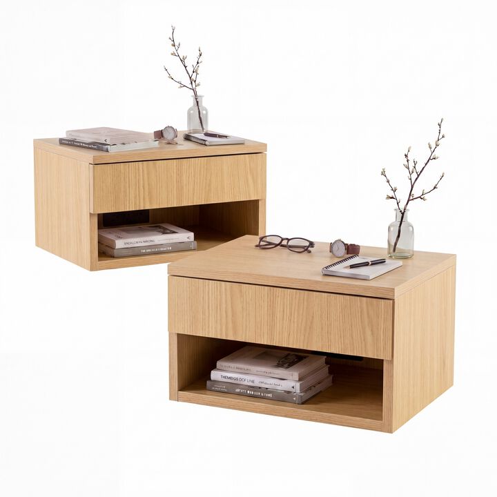 Ettore Mid-Century Modern Floating Wall Mounted Nightstand with Soft-Close Drawer and Cable Hole (Set of 2)