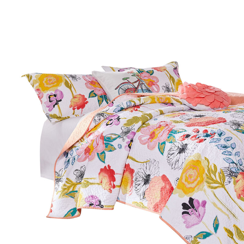 Mavi 5 Piece Reversible Full Quilt Set, Spring Floral Print, Multicolor - Benzara