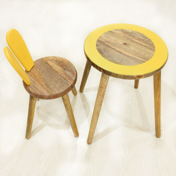 Handmade 100% Mango Wood Kids Yellow Color Round Shaped Rabbit Theme Indoor Table & Chair