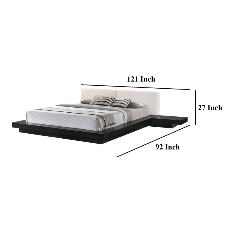 Nia King Platform Bed, White Faux Leather Upholstery Black Nightstands