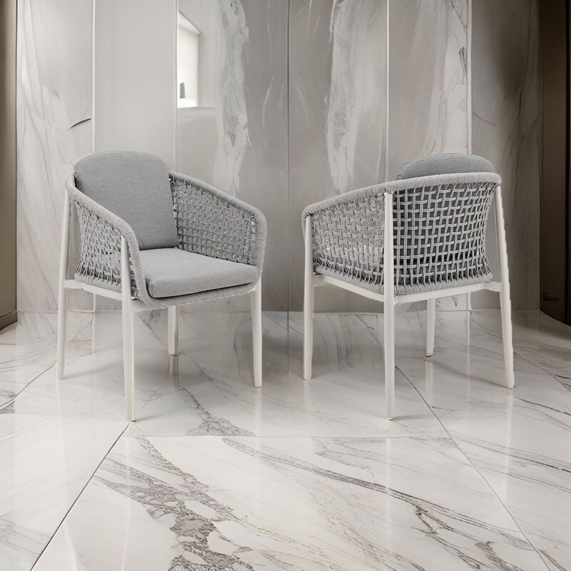 Rue 24 Inch Outdoor Patio Armchair Set of 2, Mesh Woven Rope, Gray Frame - Benzara