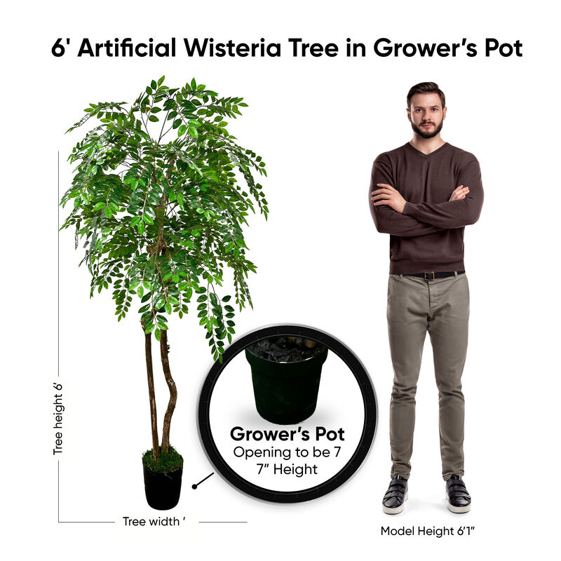 Handmade 6' Artificial Wisteria Tree In Home Basics Plastic Pot Made with Real Wood and Moss Accents