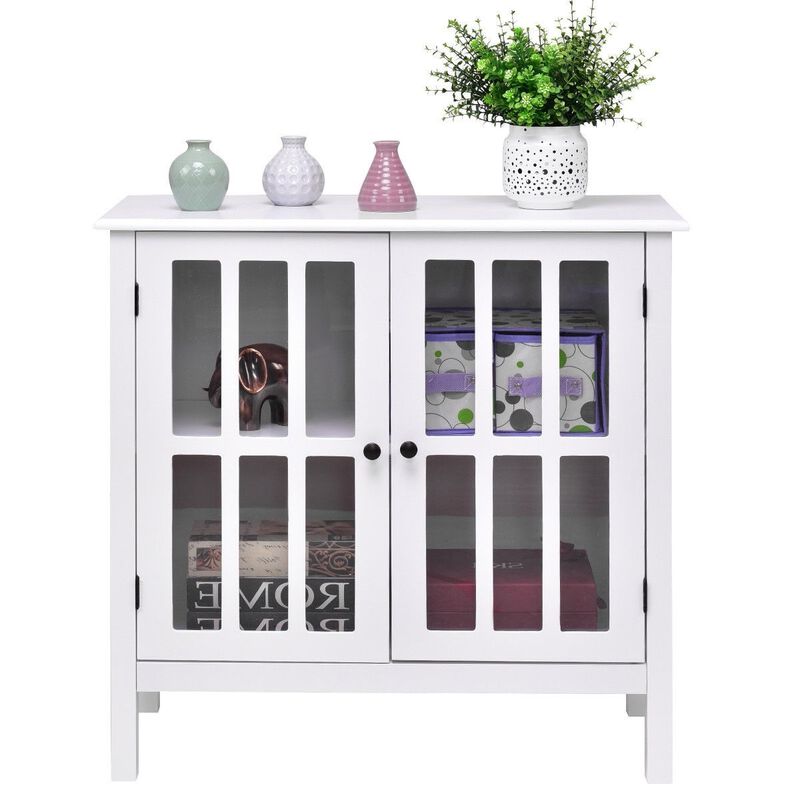 Hivvago White Wood Sideboard Buffet Cabinet with Glass Panel Doors