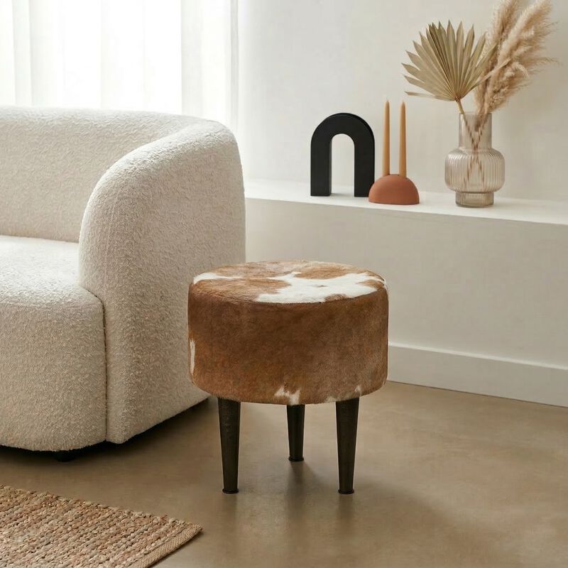 Luxury Upholstered Round Stool with Metal Legs brown/tan & White image number 3