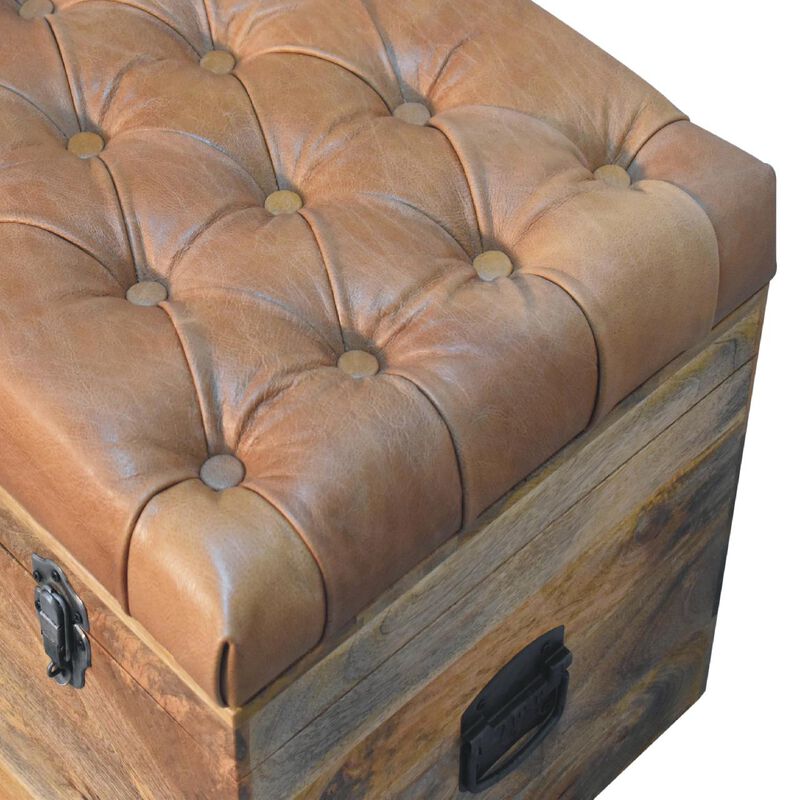 Artisan Furniture Buffalo Ten Leather  Hide Oak-ish Solid Wood  Storage Trunk
