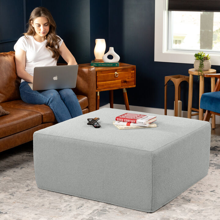 Jaxx Fairlie Couch Ottoman - Oversized Square Foam Coffee Table Ottoman, 36", Luxe Boucle, Boucle Silver