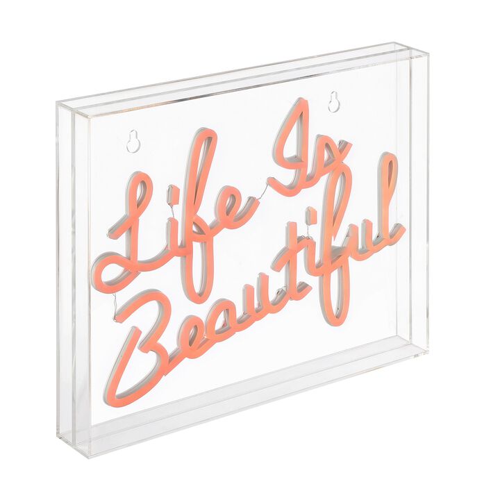 Life is Beautiful 13.7" X 10.9" Contemporary Glam Acrylic Box USB Operated LED Neon Light, Orange