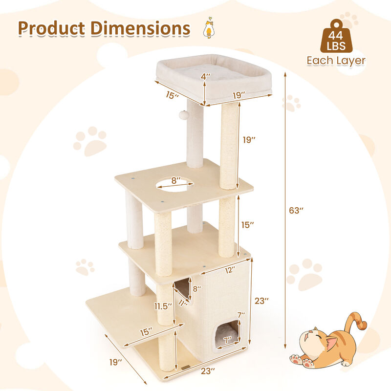 Wooden Cat Tree Tall Tower with 2 Story Condo and Plush Padded Top Perch-Natural image number 2