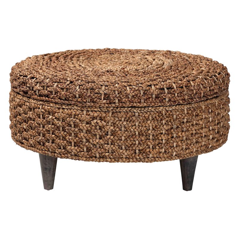 bali & pari Bailey Handwoven Seagrass Storage Ottoman with Lift-Top Lid &ndash; Rustic Wicker Trunk or Footrest with Inner Compartment for Living Room or Entryway, Round image number 3