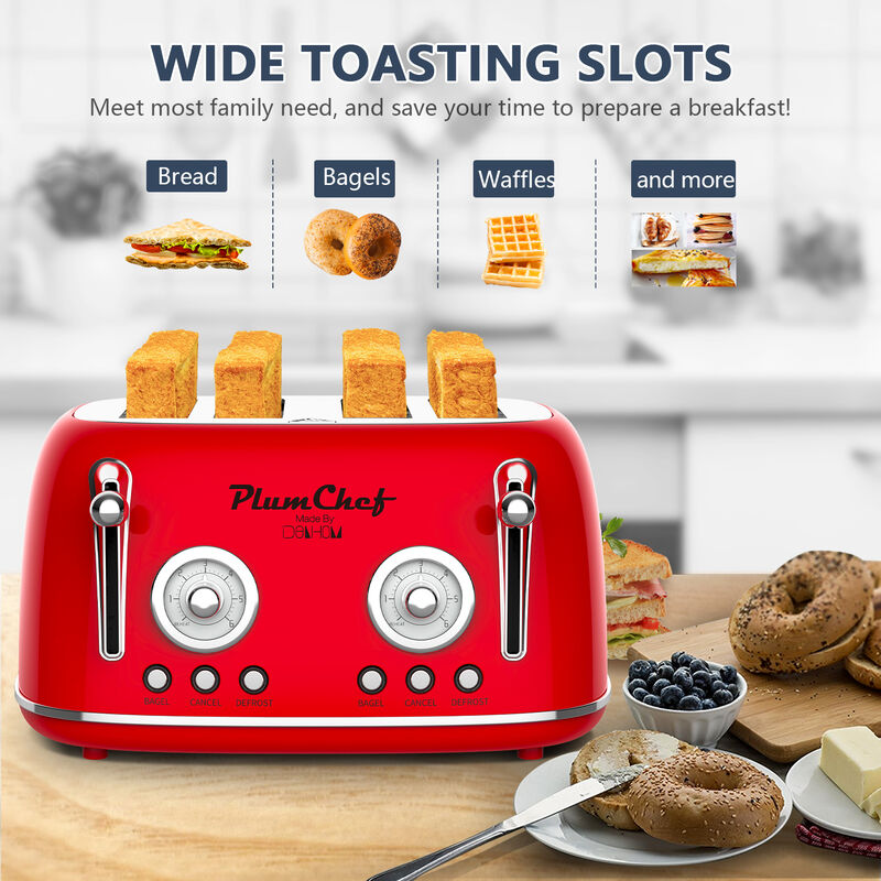 4 Slice Retro Style Toaster, 1650W Dual Control Toaster , 6 Browning Settings, Removable Crumb Tray image number 2