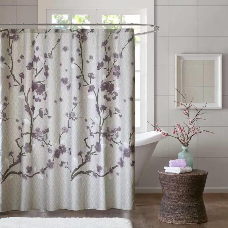 Hivvago 72 x 72 in Cotton Shower Curtain with Purple Grey Beige Floral Blossom Pattern