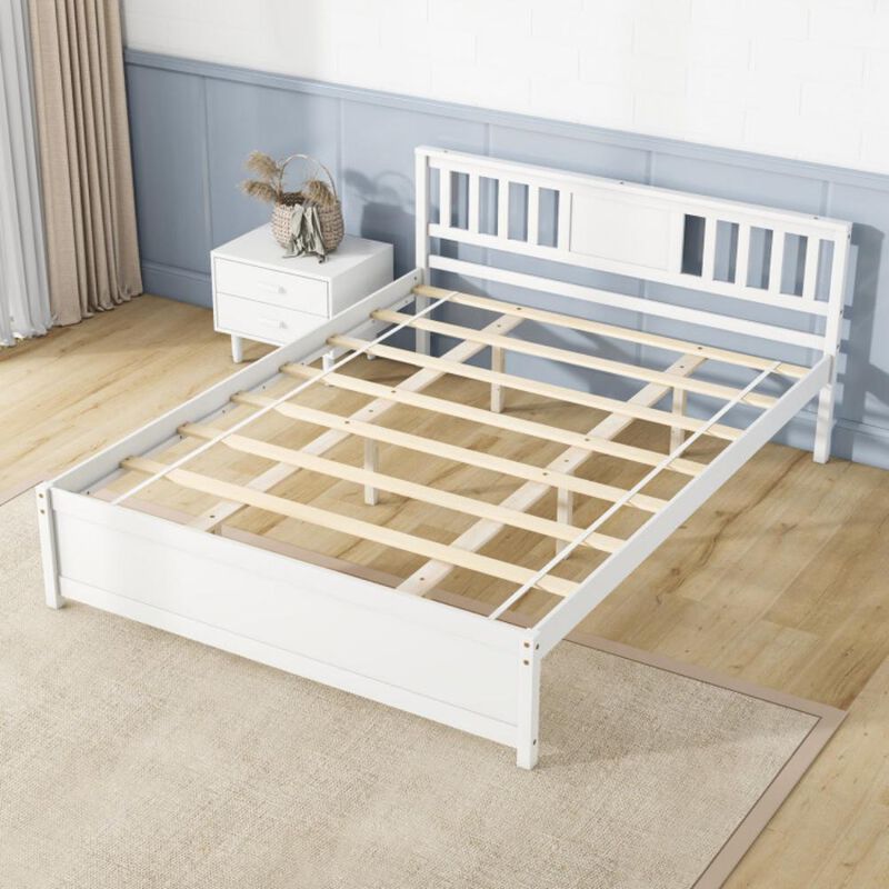 Queen Size Wooden Platform Bed with Headboard and Wood Slat Support For Bedroom Design