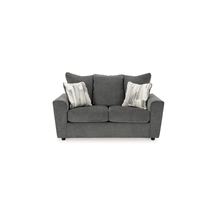 Ratty Loveseat, 63 Inch Gray Polyester, Welt Trims, 2 Throw Pillows