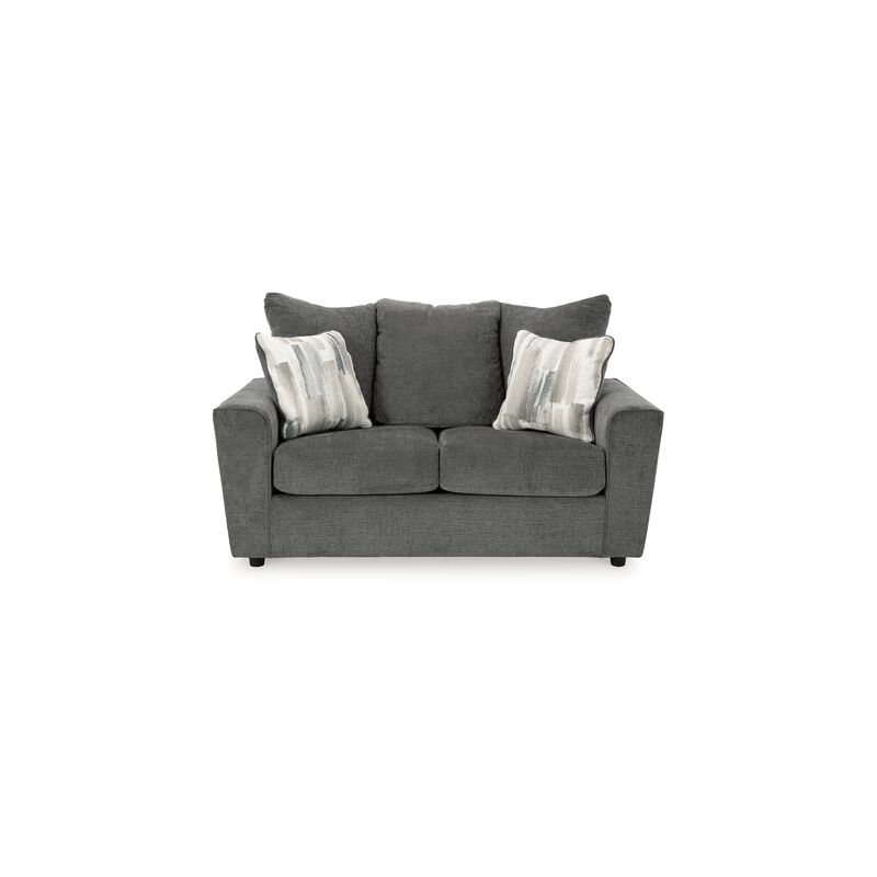 Ratty Loveseat, 63 Inch Gray Polyester, Welt Trims, 2 Throw Pillows