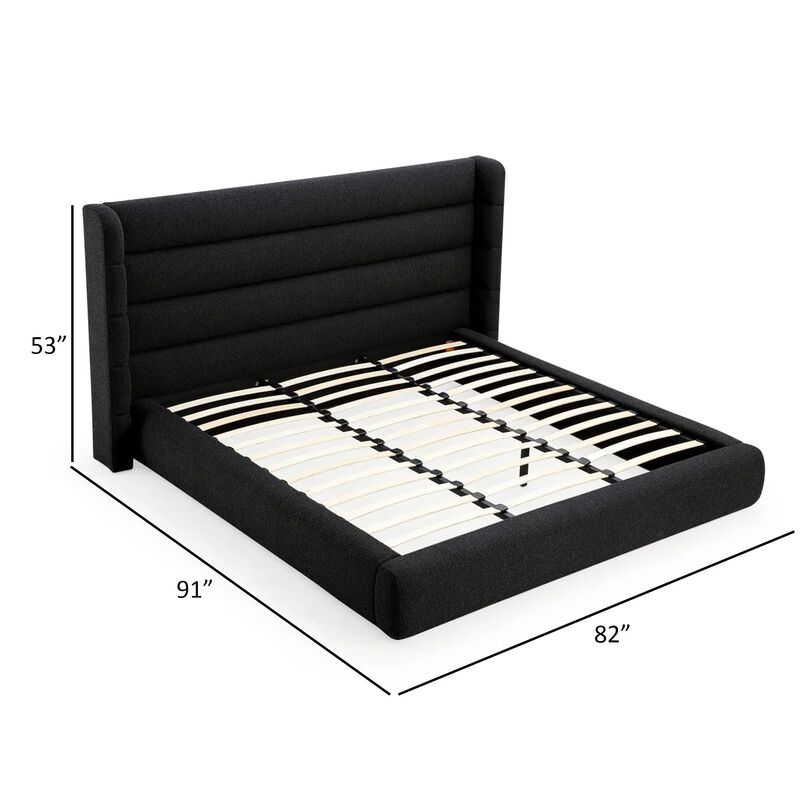 Mase Queen Platform Bed, Boucle Upholstery, Wingback Headboard, Gray - Benzara