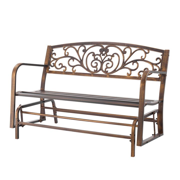 Antique Bronze Outdoor Glider Bench, Metal Frame with Backrest & Armrests