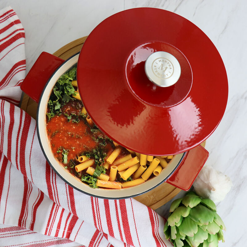 Martha Stewart Enameled Cast Iron 3 Quart  Embossed Stripe Dutch Oven with Lid in Red image number 7