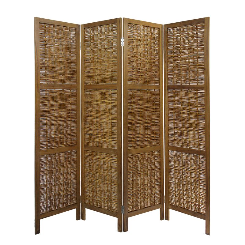 68 Inch Cottage Style 4 Panel Screen Room Divider, Willow Weaving, Brown-Benzara image number 1