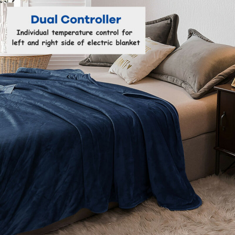 84 x 90 Inch Flannel Heated Electric Blanket with Dual Controllers-Blue