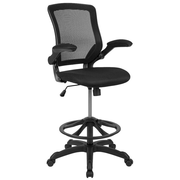 Flash Furniture Mid-Back Black Mesh Drafting Chair with Adjustable Foot Ring and Flip-Up Arms