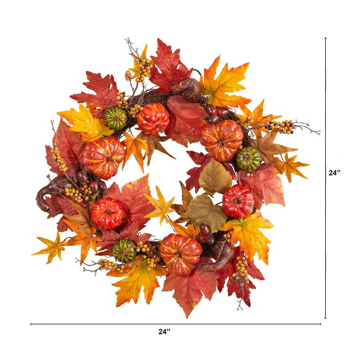 HomPlanti 24" Autumn Pumpkin and Berries Artificial Fall Wreath