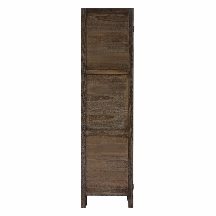 67 Inch Paulownia Wood Panel Divider Screen, Grain Details, Handcrafted, Rustic Brown-Benzara