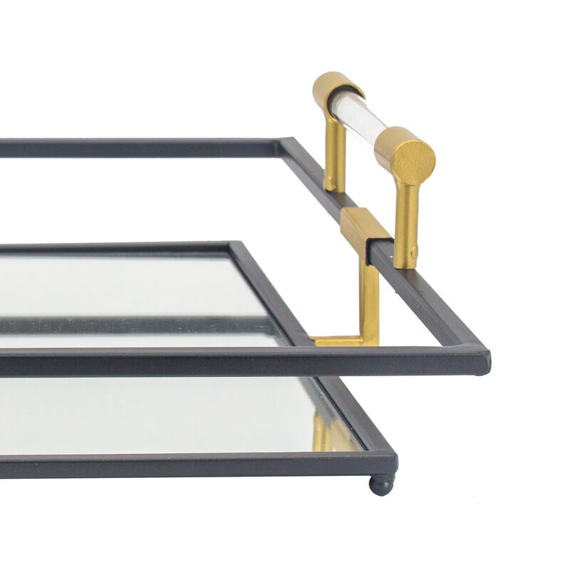 21, 27 Inch Set of 2 Decorative Trays with Mirror, Modern Frame, Gold, Black - Benzara
