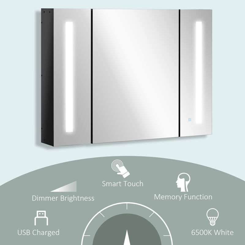 LED Medicine Cabinet Wall-Mounted Bathroom 3 Mirrored Door High Gloss Black