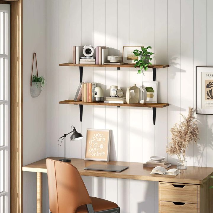 Set of 2 Floating Shelves for Wall with Metal Brackets for Display-Brown