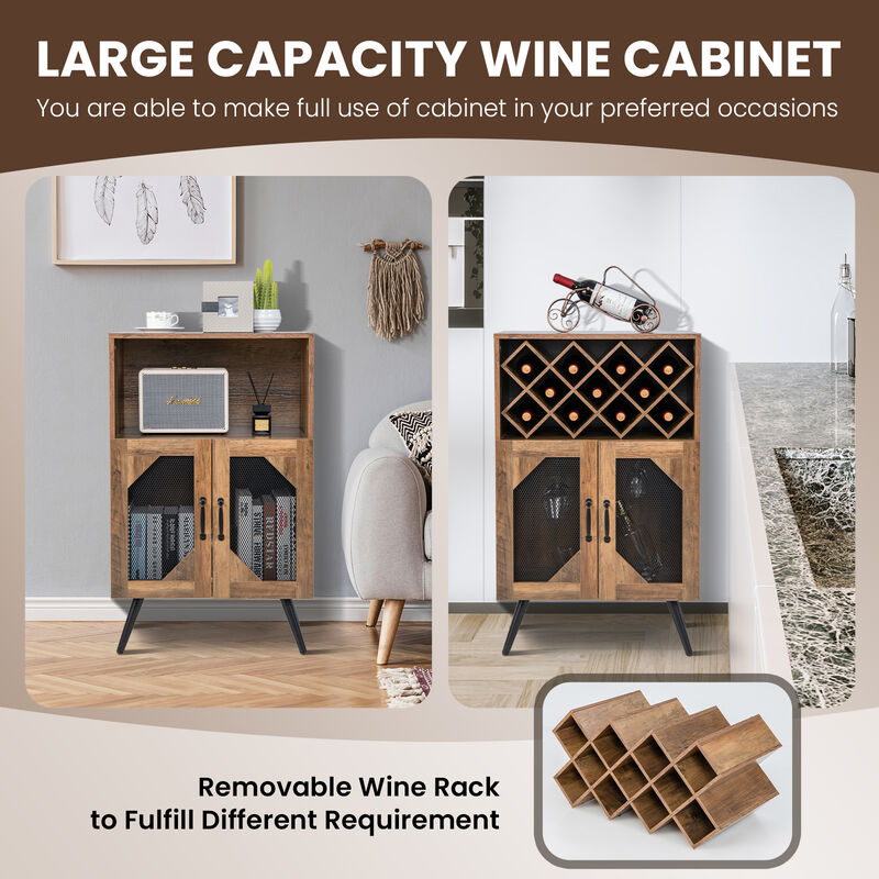 2-Door Farmhouse Kitchen Storage Bar Cabinet with Wine Rack and Glass Holder-Rustic Brown
