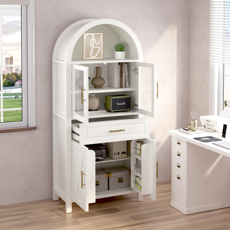 Merax Farmhouse Arched Glass Barn Door Pantry Cabinet - Adjustable Shelves & Built-In Racks image number 2