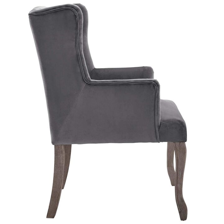 Modway Realm French Vintage Tufted Performance Velvet Kitchen and Dining Room Arm Chair in Gray