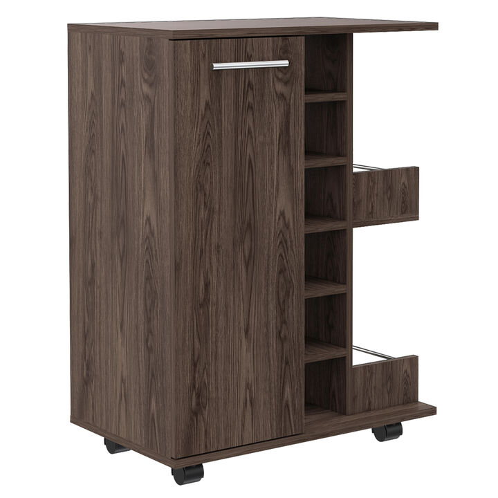 DEPOT E-SHOP Magda Bar Cart, Four Casters, Six Built-in Wine Rack, Single Door Cabinet, Two External Shelves, Dark Walnut
