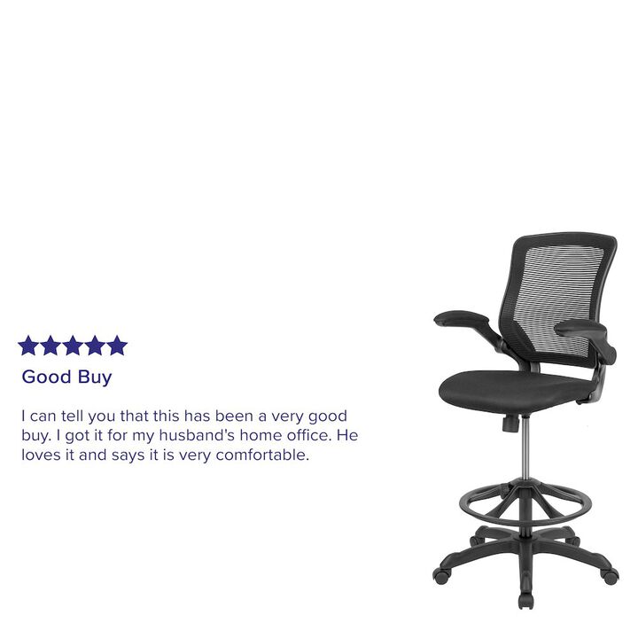 Flash Furniture Mid-Back Black Mesh Drafting Chair with Adjustable Foot Ring and Flip-Up Arms