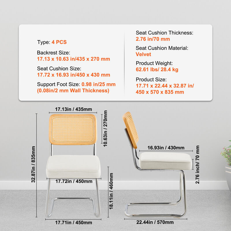 Set of 4 Rattan Dining Chairs Mid Century Modern Velvet Upholstered Accent Chairs