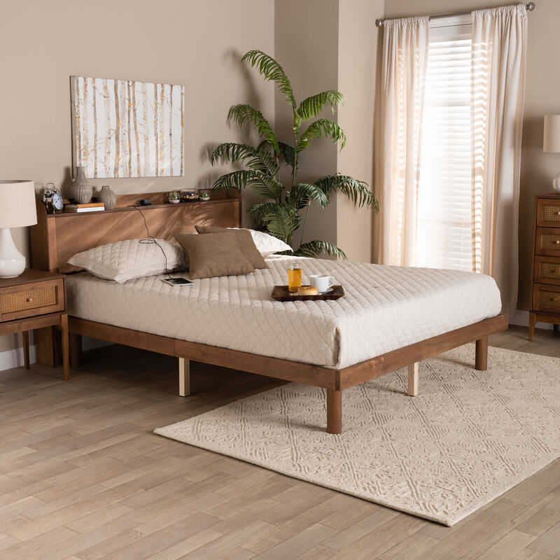 Baxton Studio Decker Walnut Brown Finished Wood Queen Size Platform Bed With Charging Station
